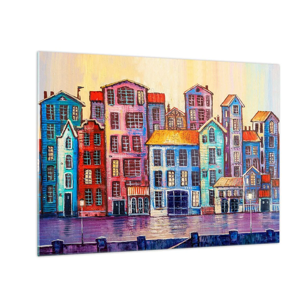 Billede på glas - Farverige lejlighedshuse spejlet i vandet - 70x50cm - En by som et eventyr - Moderne vægdekoration til stue og soveværelse ARTTOR