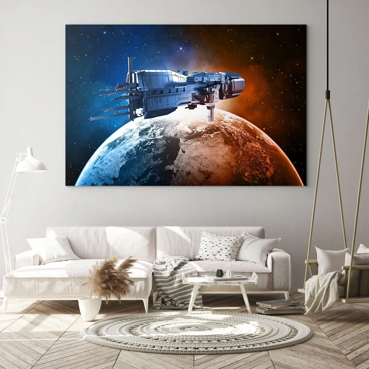 Billede på glas - Et rumskib i kredsløb om en planet i stjernelys - 70x50cm - Forsigtig observatør - Moderne vægdekoration til stue og soveværelse ARTTOR