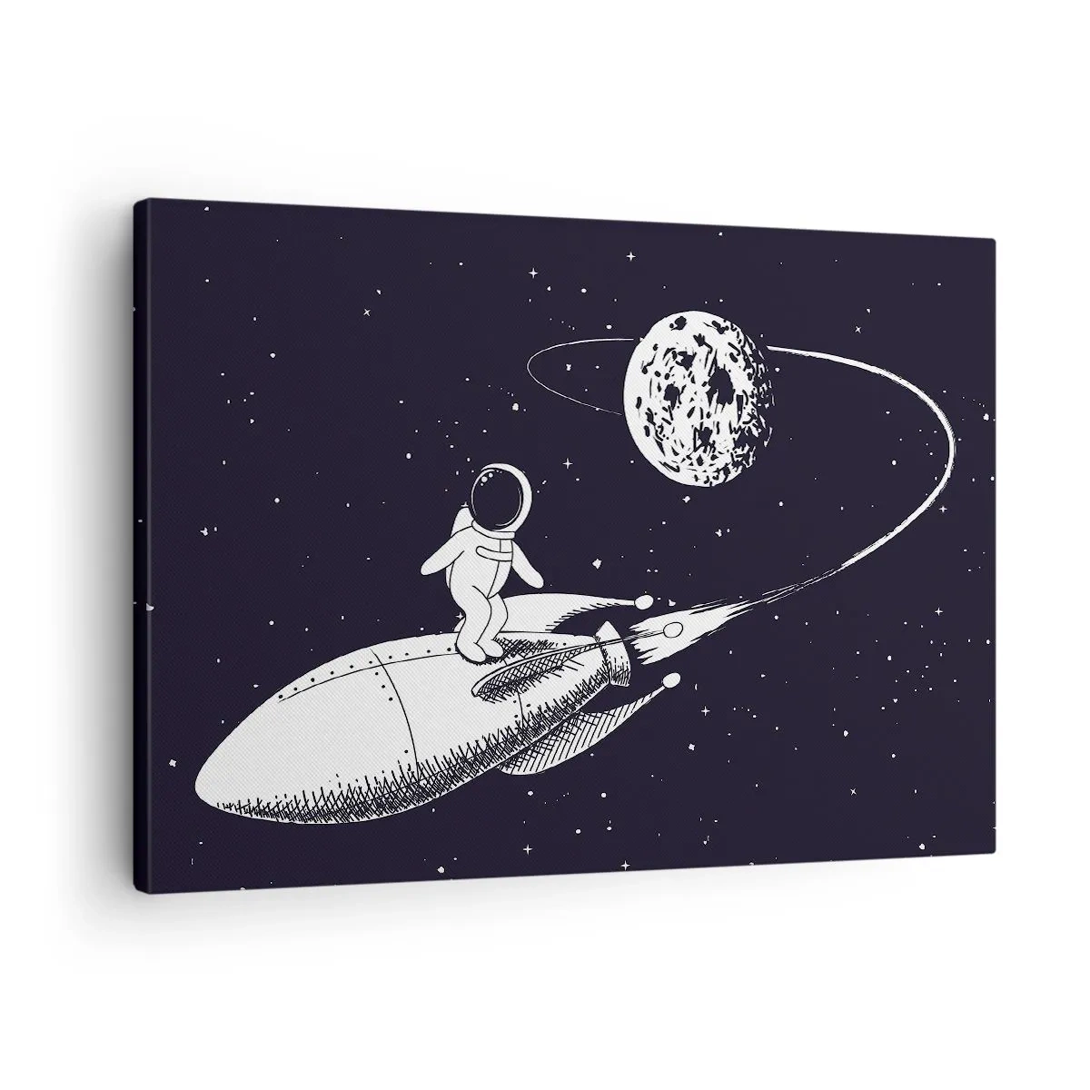 Lærredstryk - Billede på lærred - Astronaut på en raket i rummet - 70x50cm - Space surfer - Moderne vægdekoration til stue og soveværelse ARTTOR