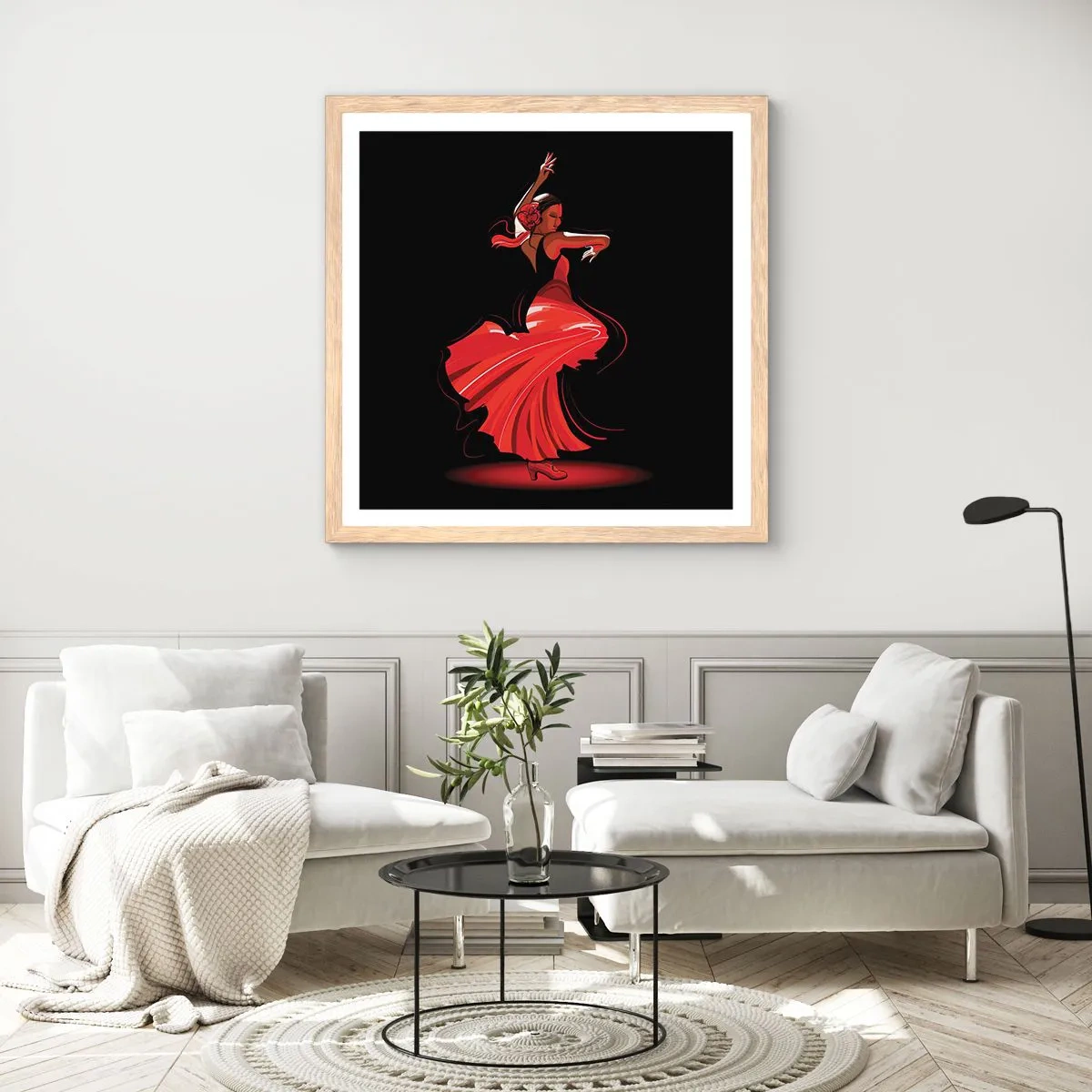 Plakat i ramme af lyst egetræ - Flamencoens brændende ånd - 50x50 cm