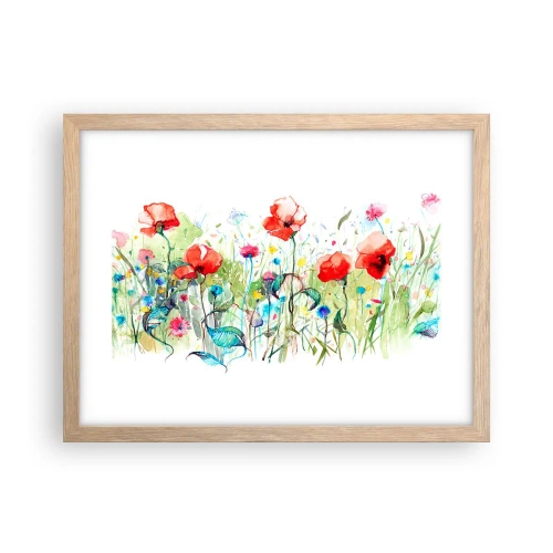Plakat i ramme af lyst egetræ - En blomstrende eng i maj - 40x30 cm