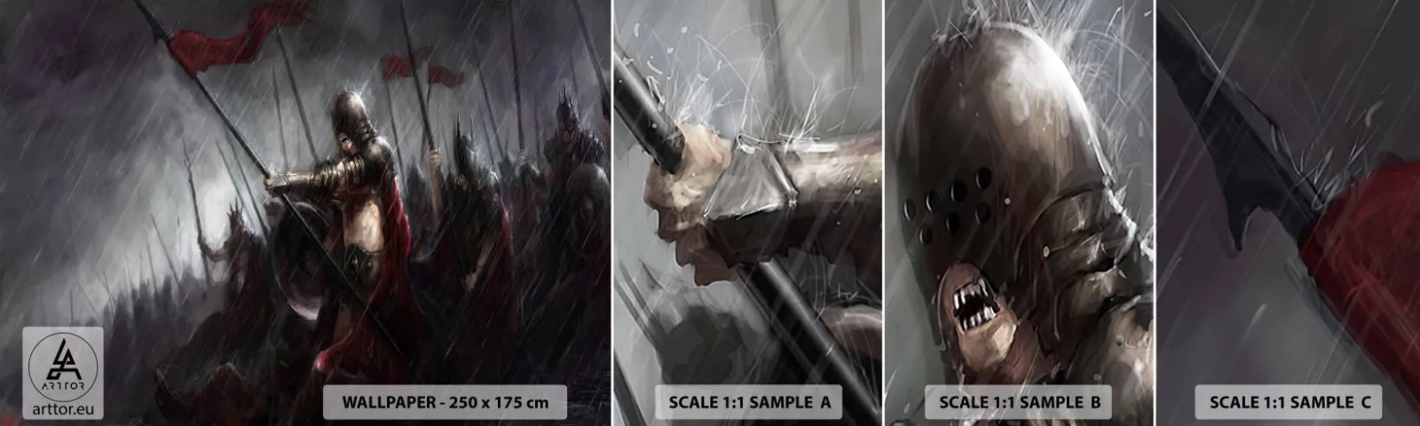 Prøve Fototapet Selvklæbende Deluxe Sticker - Forbipasserende, fortæl Sparta... - Ridder i rustning, hær, Abstraktion - 100x30 cm