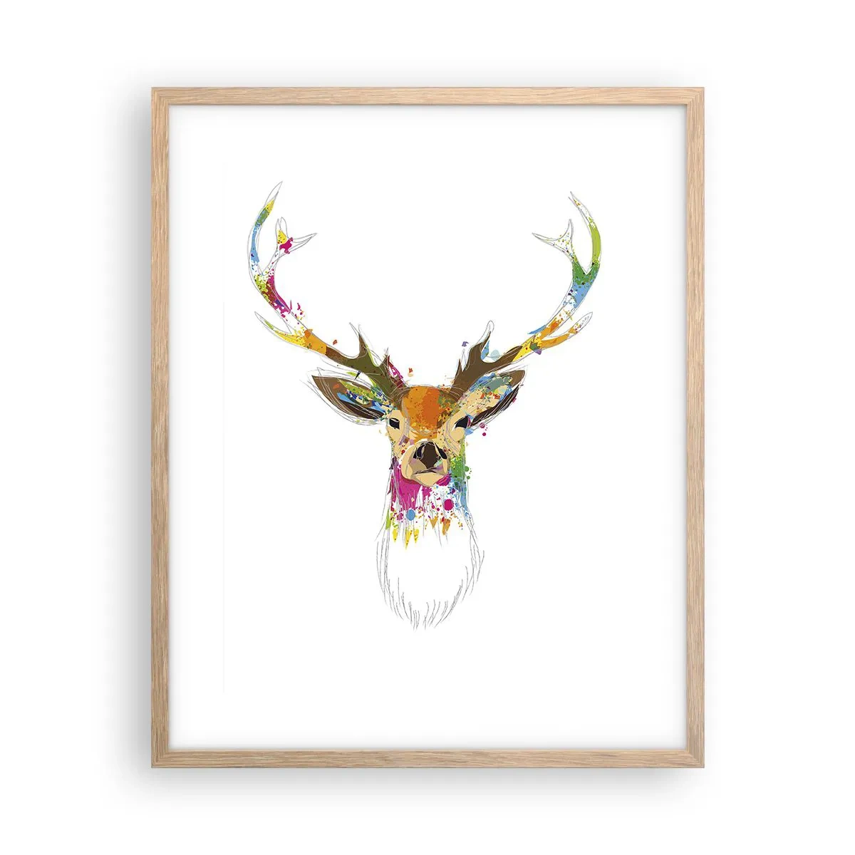 Plakat i ramme af lyst egetræ - Blid kronhjort badet i farver - 40x50 cm