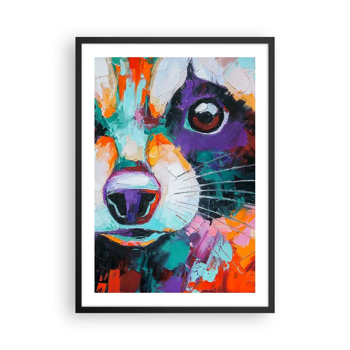Plakat i sort ramme - Farverigt abstrakt portræt af et dyr med et udtryksfuldt øje - 50x70cm - Kun gode følelser - Moderne vægdekoration til stue og soveværelse ARTTOR