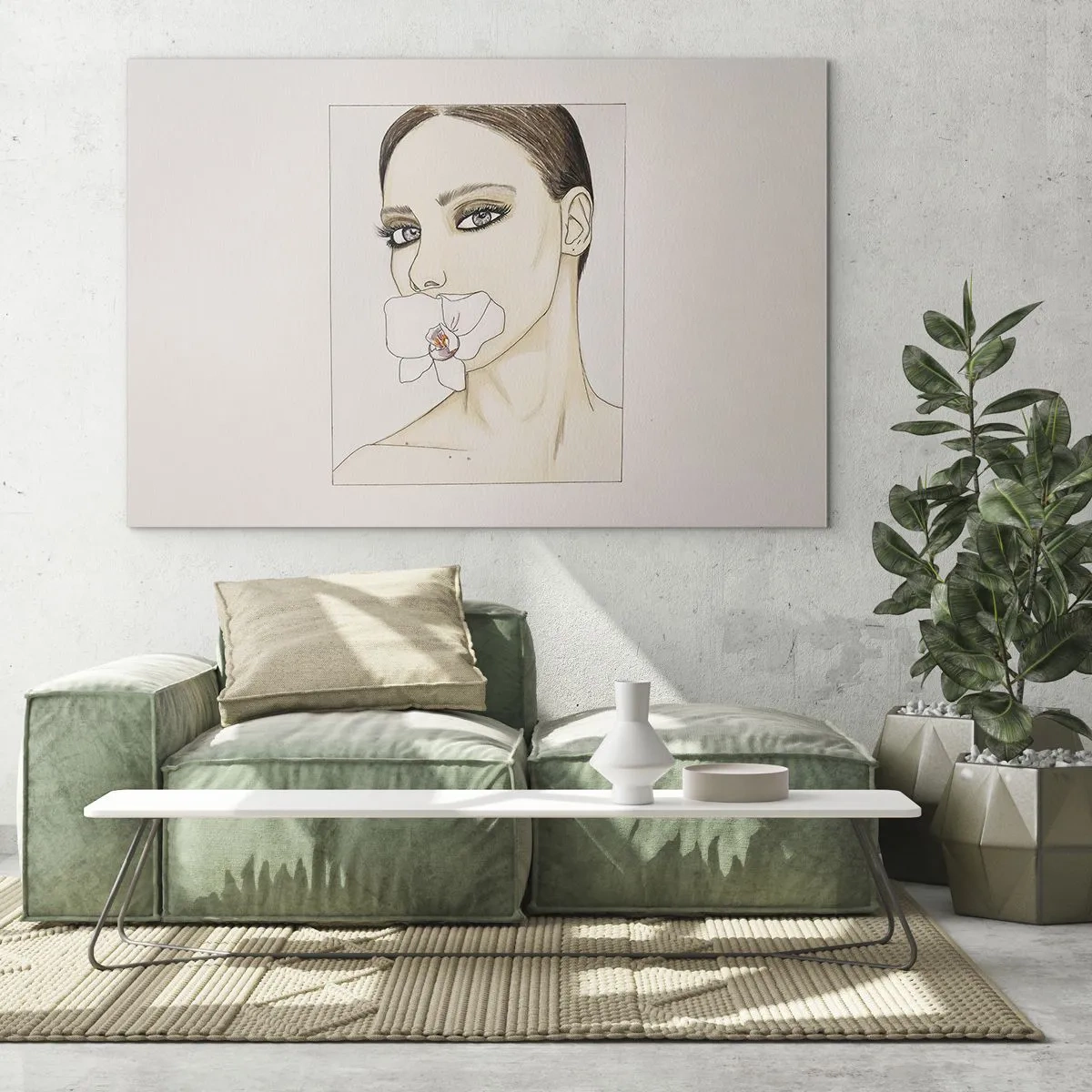 Billede på glas - Portræt af en kvinde med en orkidé i munden mod en lys baggrund - 70x50cm - Et symbol på elegance og skønhed - Moderne vægdekoration til stue og soveværelse ARTTOR