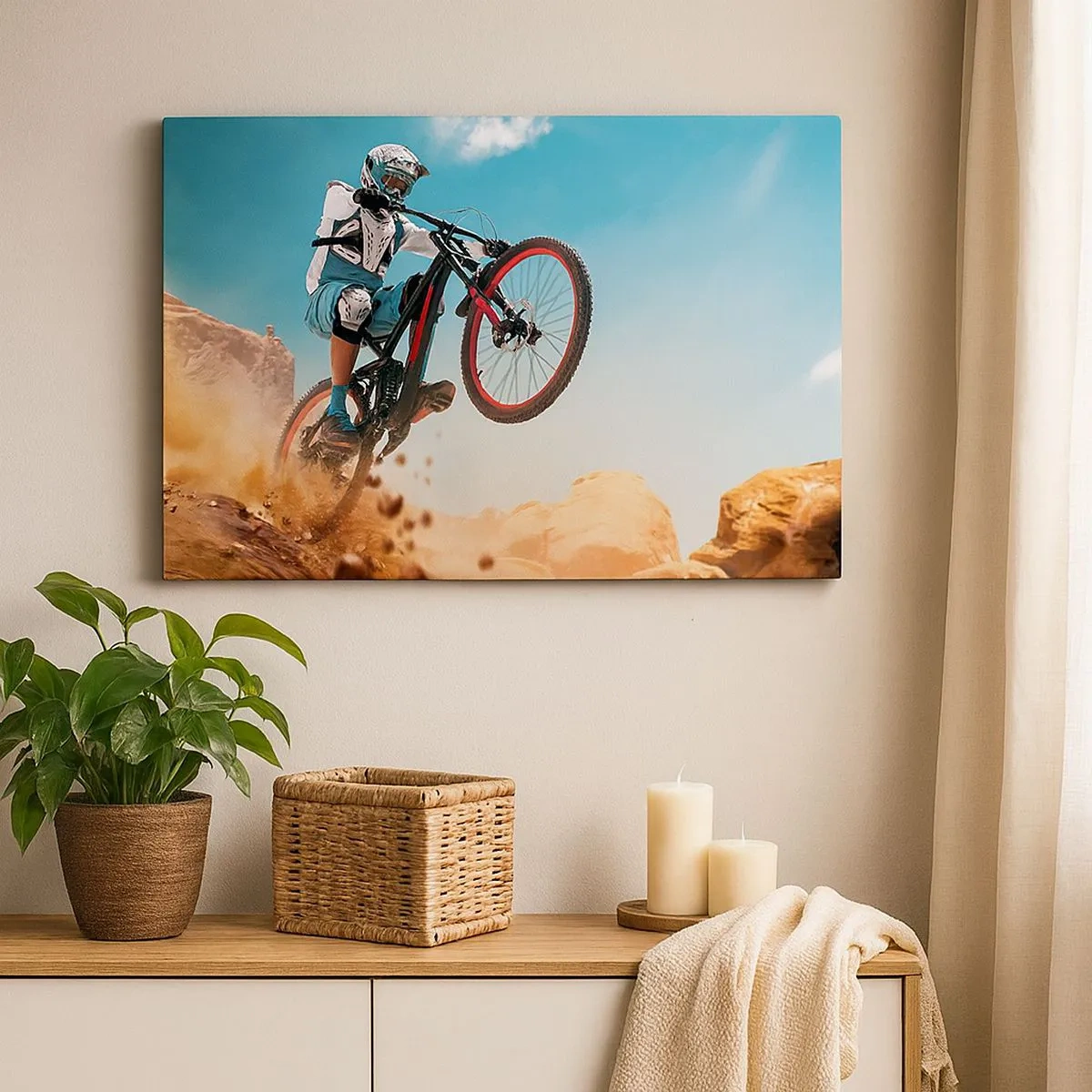 Lærredstryk - Billede på lærred - En mountainbiker udfører et spring mod en baggrund af klipper - 70x50cm - Cykel-dæmonisk galskab - Moderne vægdekoration til stue og soveværelse ARTTOR