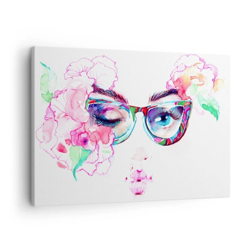 Lærredstryk - Billede på lærred - Akvarel ansigt med farverige briller og blomster - 70x50cm - Et fristende løfte - Moderne vægdekoration til stue og soveværelse ARTTOR