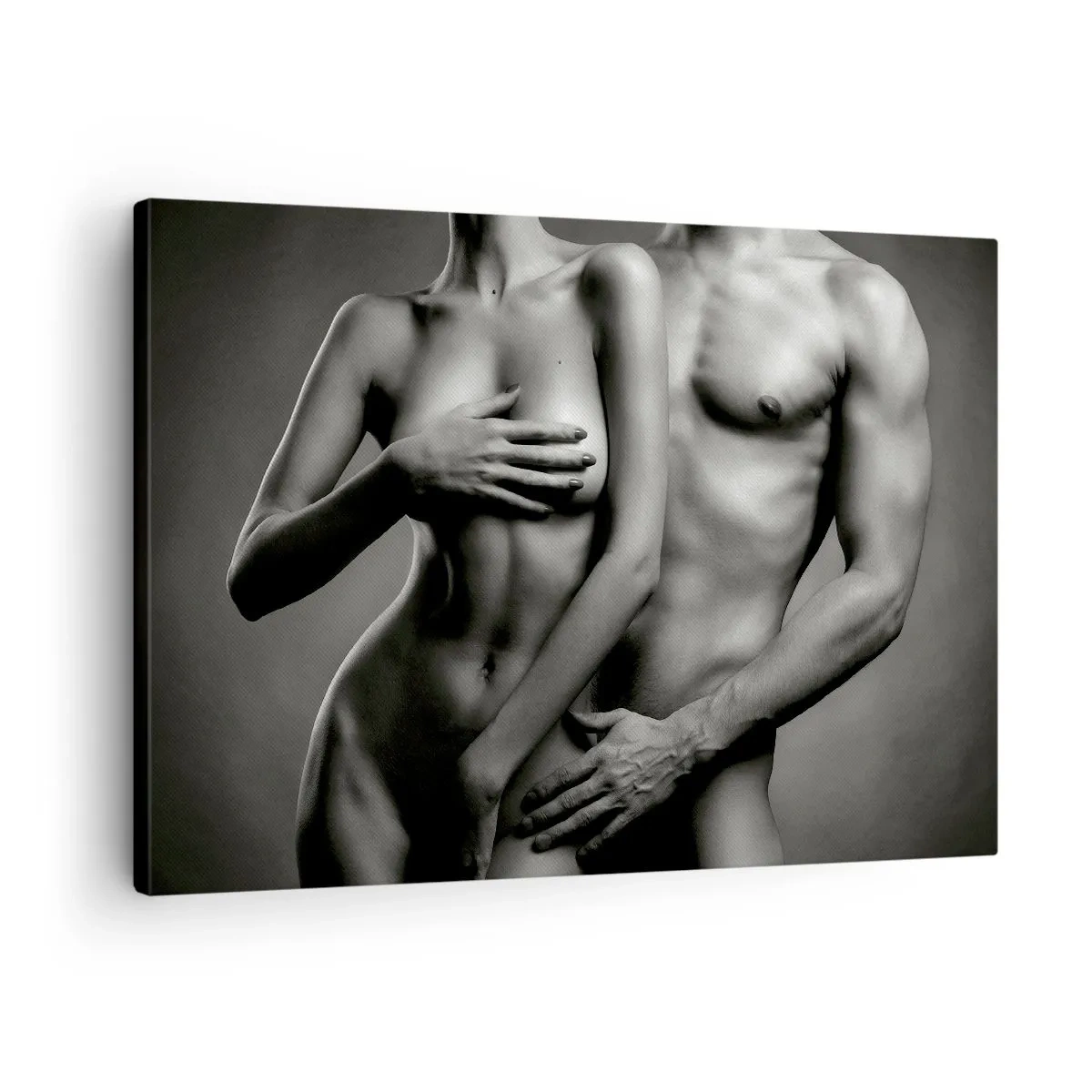 Lærredstryk - Billede på lærred - Sort-hvid repræsentation af kvindelige og mandlige kroppe i en kunstnerisk positur - 70x50cm - Adam og Eva - Moderne vægdekoration til stue og soveværelse ARTTOR