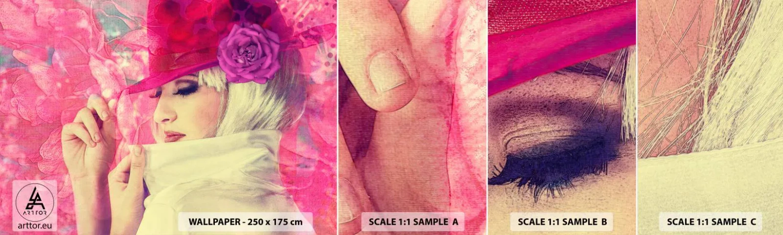 Fototapet Prøve Standard Eco - Retro portræt i lyserødt - Kvinde i en hat, Blomster, Mode - 100x30 cm