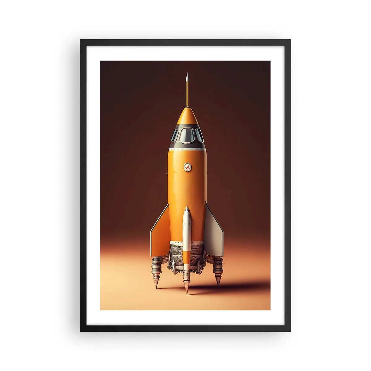 Plakat i sort ramme - En moderne rumraket mod en baggrund af varme farver. - 50x70cm - Det begynder med en drøm - Moderne vægdekoration til stue og soveværelse ARTTOR