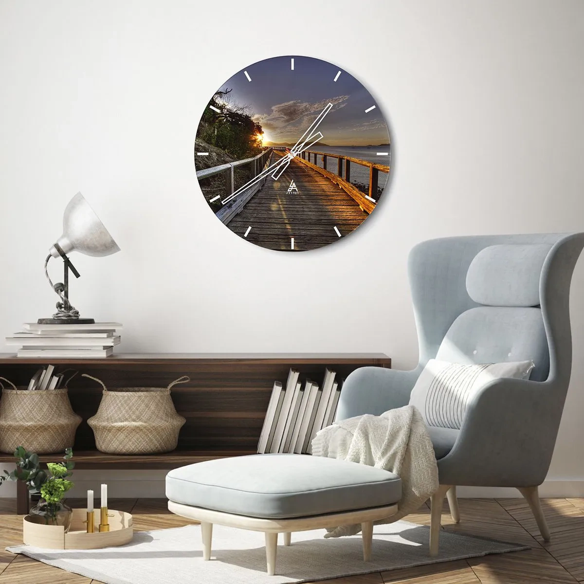 Vægur, Uret - En mole over vandet ved solnedgang - 30x30cm - Gå, bliv ved med at gå mod solen - Moderne vægdekoration til stue, køkken og soveværelse ARTTOR