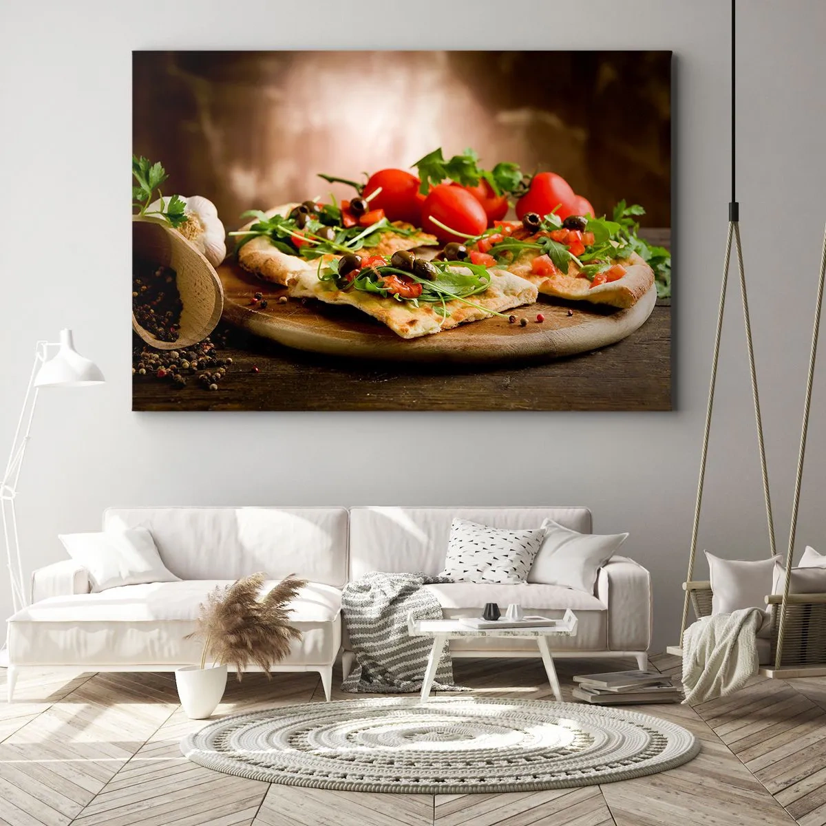 Lærredstryk - Billede på lærred - Pizza med grøntsager på en træplade i rustik stil - 70x50cm - Direkte fra ovnen og fra haven - Moderne vægdekoration til stue og soveværelse ARTTOR
