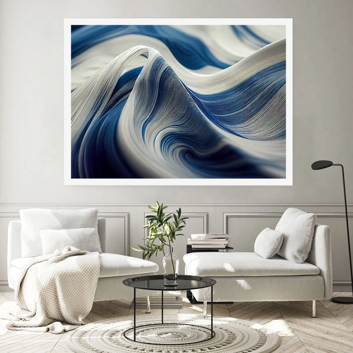 Plakat - Flydende blå og hvide farver - 50x40 cm
