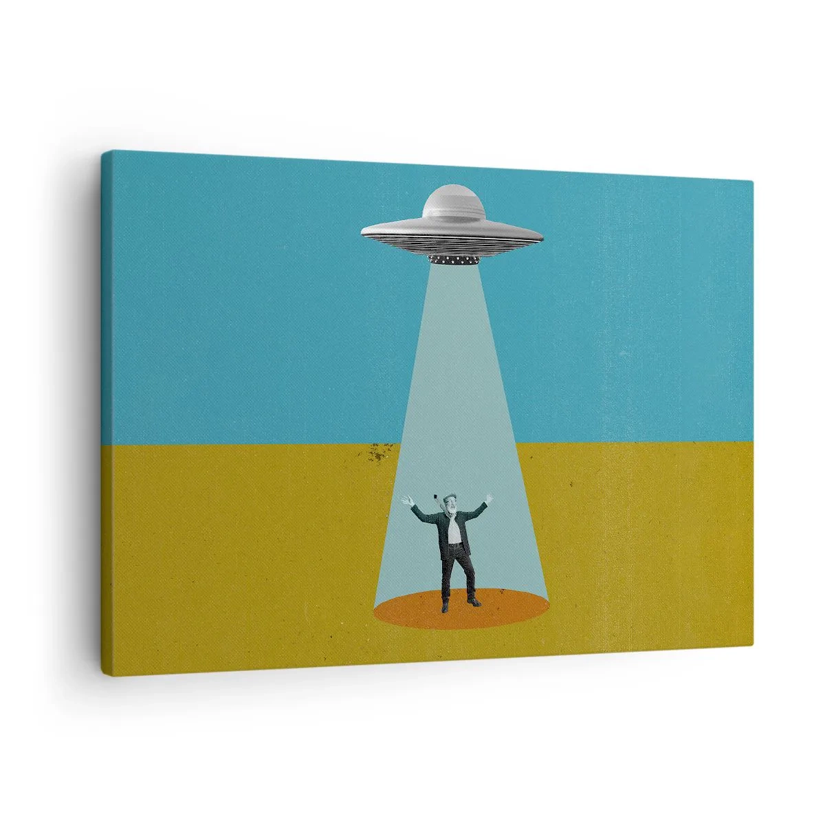 Lærredstryk - Billede på lærred - En mand i lyset fra en UFO mod baggrunden af et farverigt landskab - 70x50cm - Et tæt møde - Moderne vægdekoration til stue og soveværelse ARTTOR