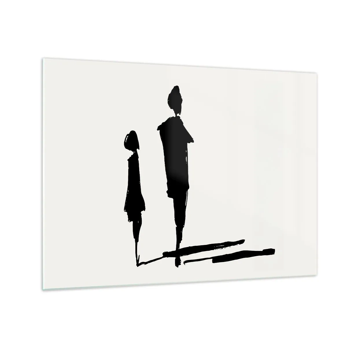 Billede på glas - Sorte silhuetter af to figurer med skygger på en lys baggrund - 70x50cm - Sikkert sammen? - Moderne vægdekoration til stue og soveværelse ARTTOR