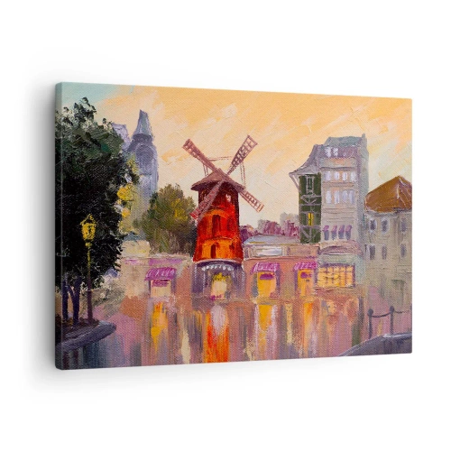 Lærredstryk - Billede på lærred - Den røde vindmølle på Moulin Rouge omgivet af bybilledet - 70x50cm - Parisiske ikoner - Moulin Rouge - Moderne vægdekoration til stue og soveværelse ARTTOR