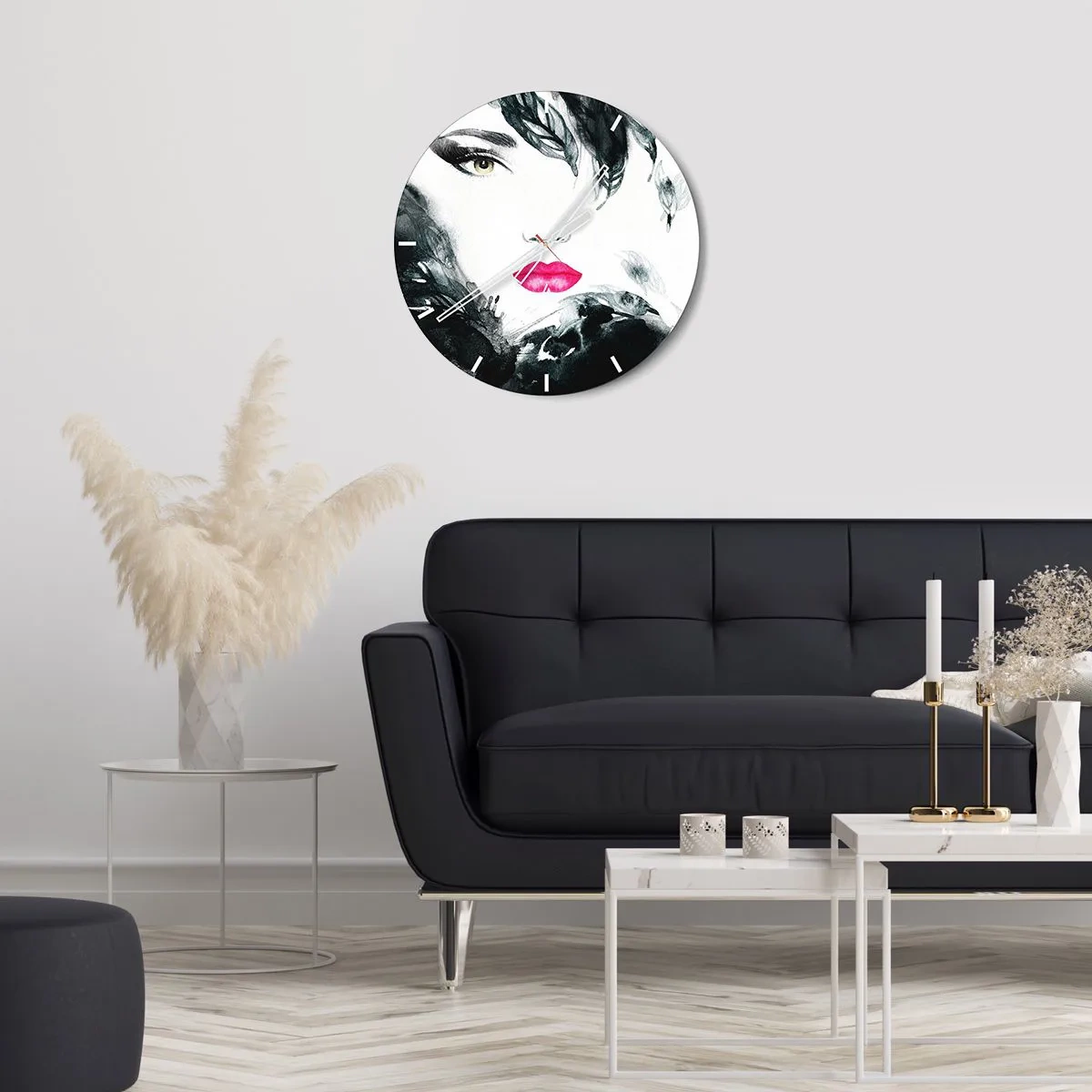 Vægur, Uret - Kunstnerisk portræt af en kvinde med udtryksfulde læber og øjne - 30x30cm - OBS! Femme fatale - Moderne vægdekoration til stue, køkken og soveværelse ARTTOR