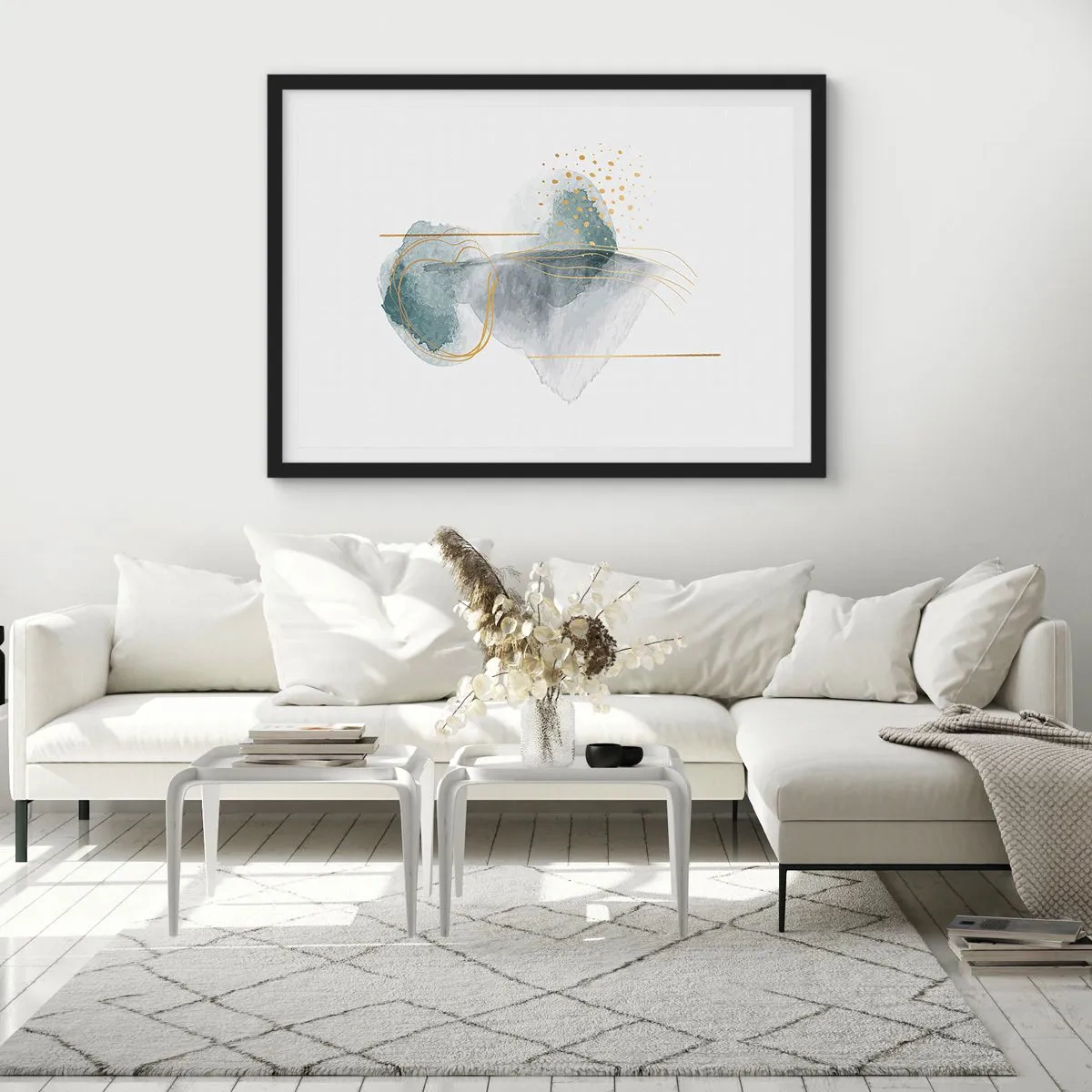 Plakat i sort ramme - Om forholdet mellem grå og guld - 100x70 cm