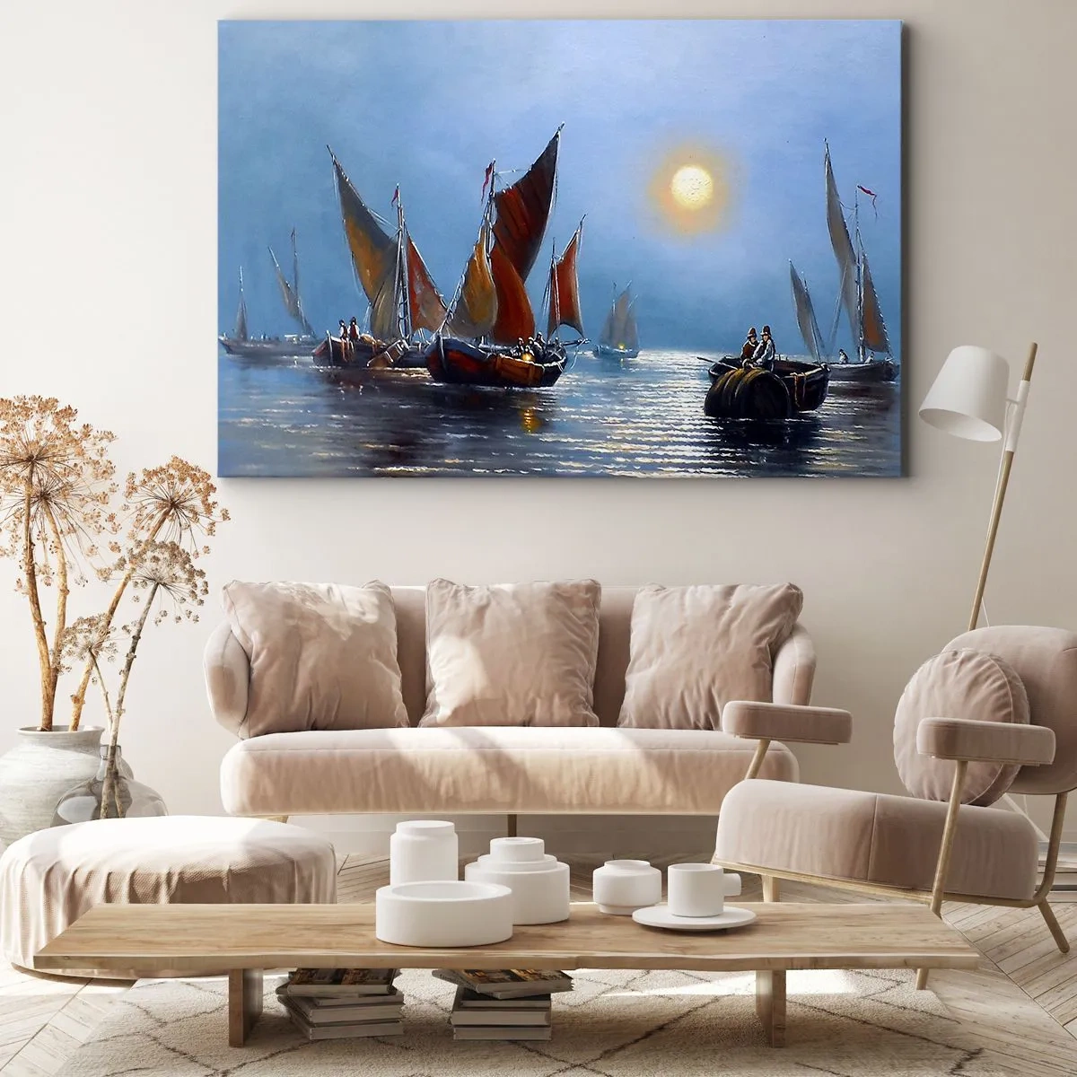 Lærredstryk - Billede på lærred - Både med sejl på roligt vand ved solnedgang - 70x50cm - Natfiskeri - Moderne vægdekoration til stue og soveværelse ARTTOR