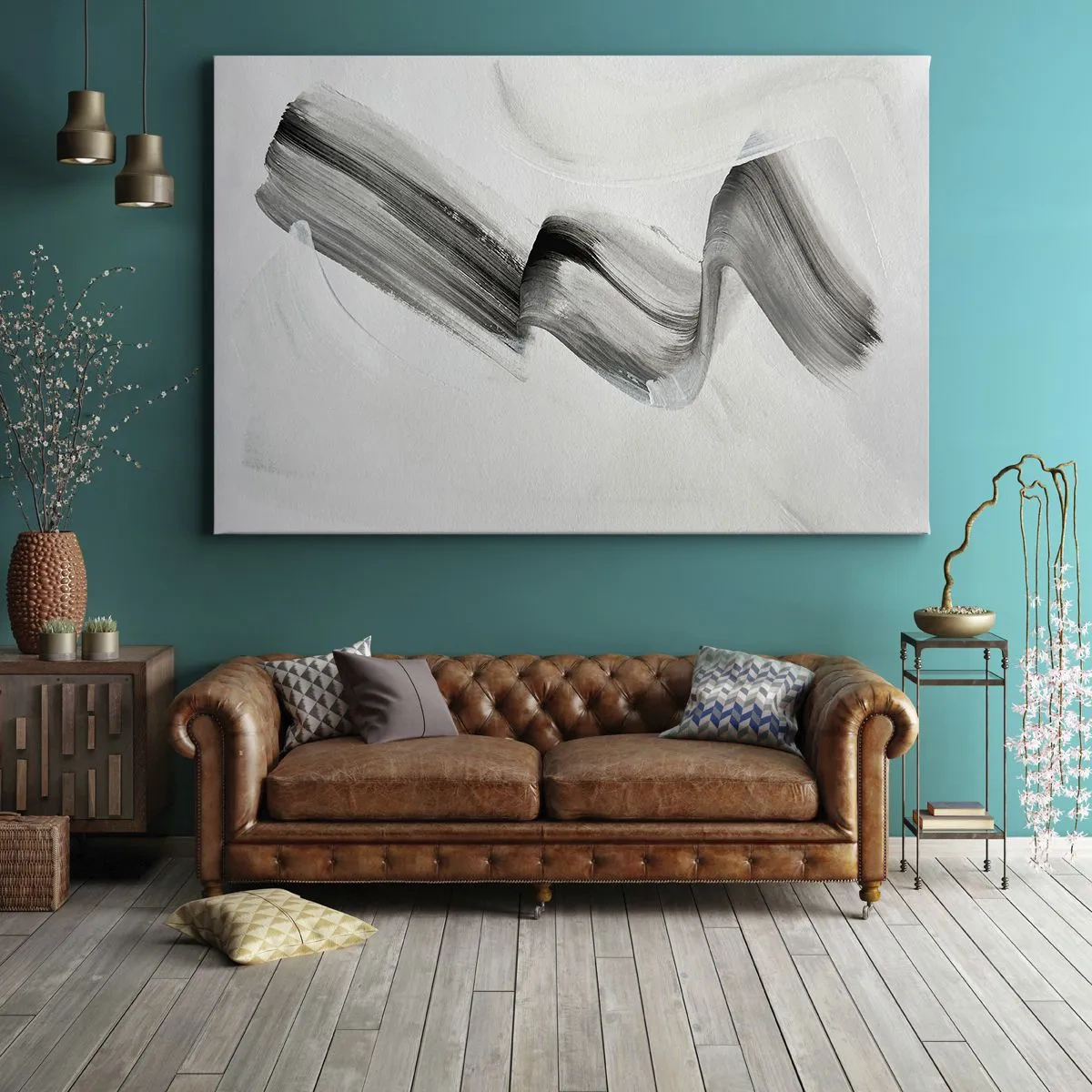 Lærredstryk - Billede på lærred - Abstrakt sort-hvid penselstrøg på en lys baggrund - 70x50cm - Bare for sjov - Moderne vægdekoration til stue og soveværelse ARTTOR