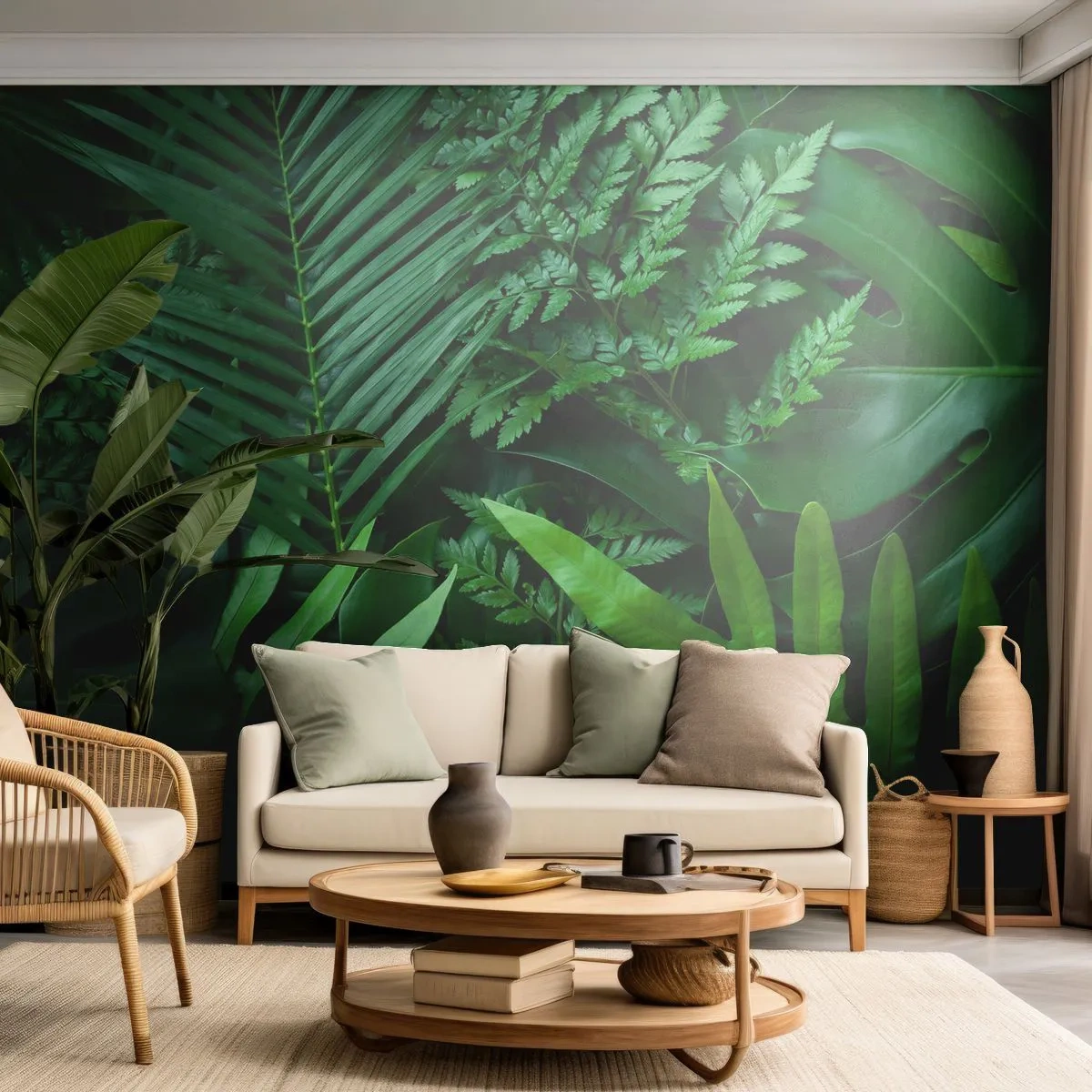 Fototapet Premium Canvas - Kranset i grønt - Eksotisk plante, Palmeblad, Monstera blad - 250x175 cm