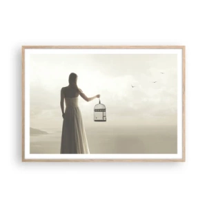 Plakat i ramme af lyst egetræ - Vær fri - 100x70 cm