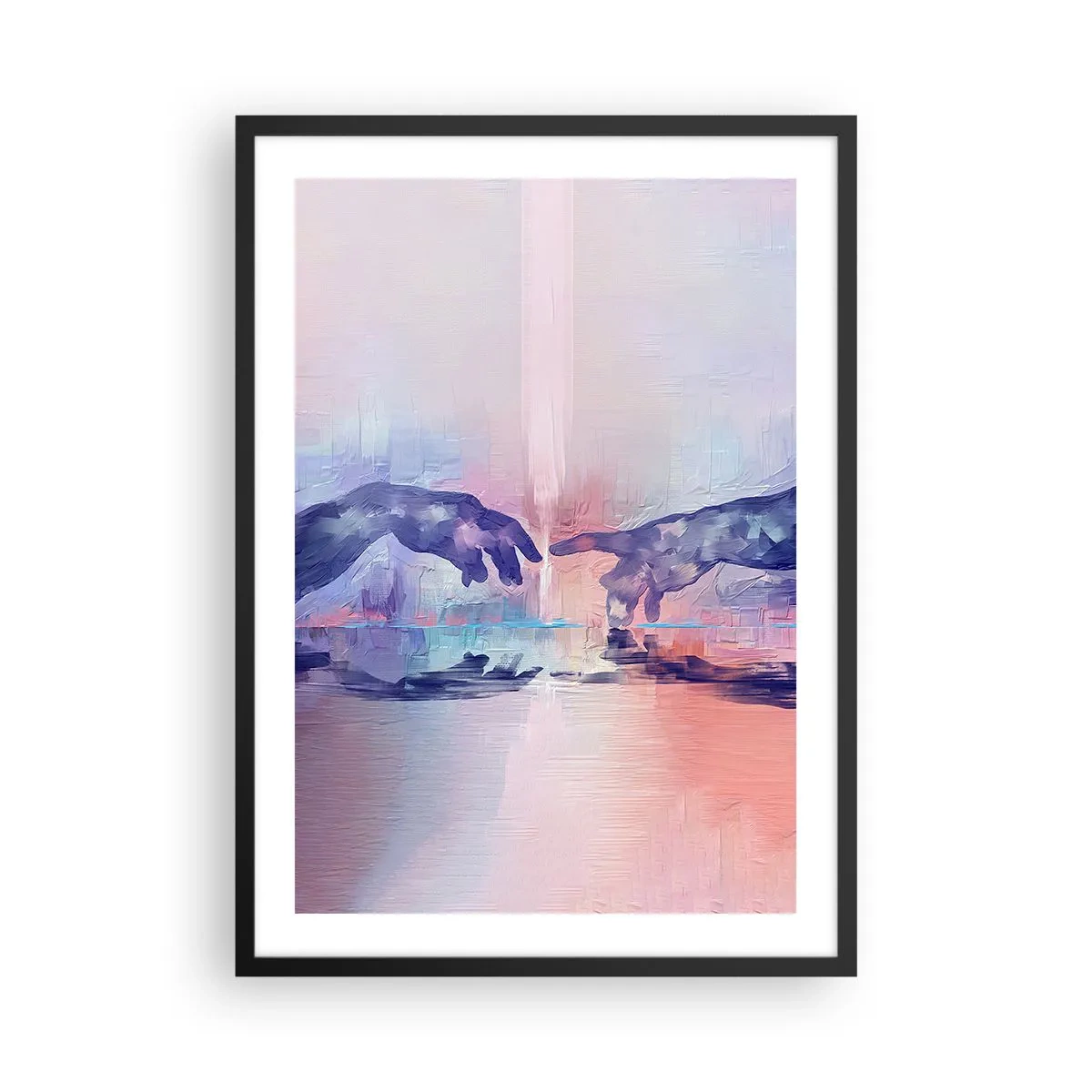 Plakat i sort ramme - Abstrakte hænder i pastelfarver - 50x70cm - Den guddommelige gnist af liv - Moderne vægdekoration til stue og soveværelse ARTTOR