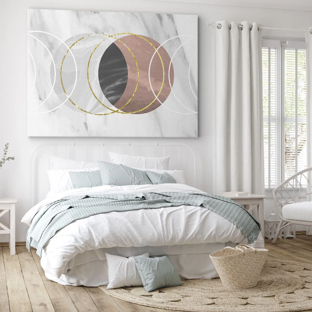 Lærredstryk - Billede på lærred - Abstrakt geometrisk komposition med cirkler og metalliske detaljer - 70x50cm - Sfærernes musik - Moderne vægdekoration til stue og soveværelse ARTTOR
