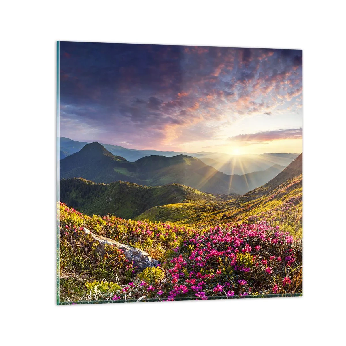 Billede på glas - Friskheden af en morgen i bjergene - 70x70 cm