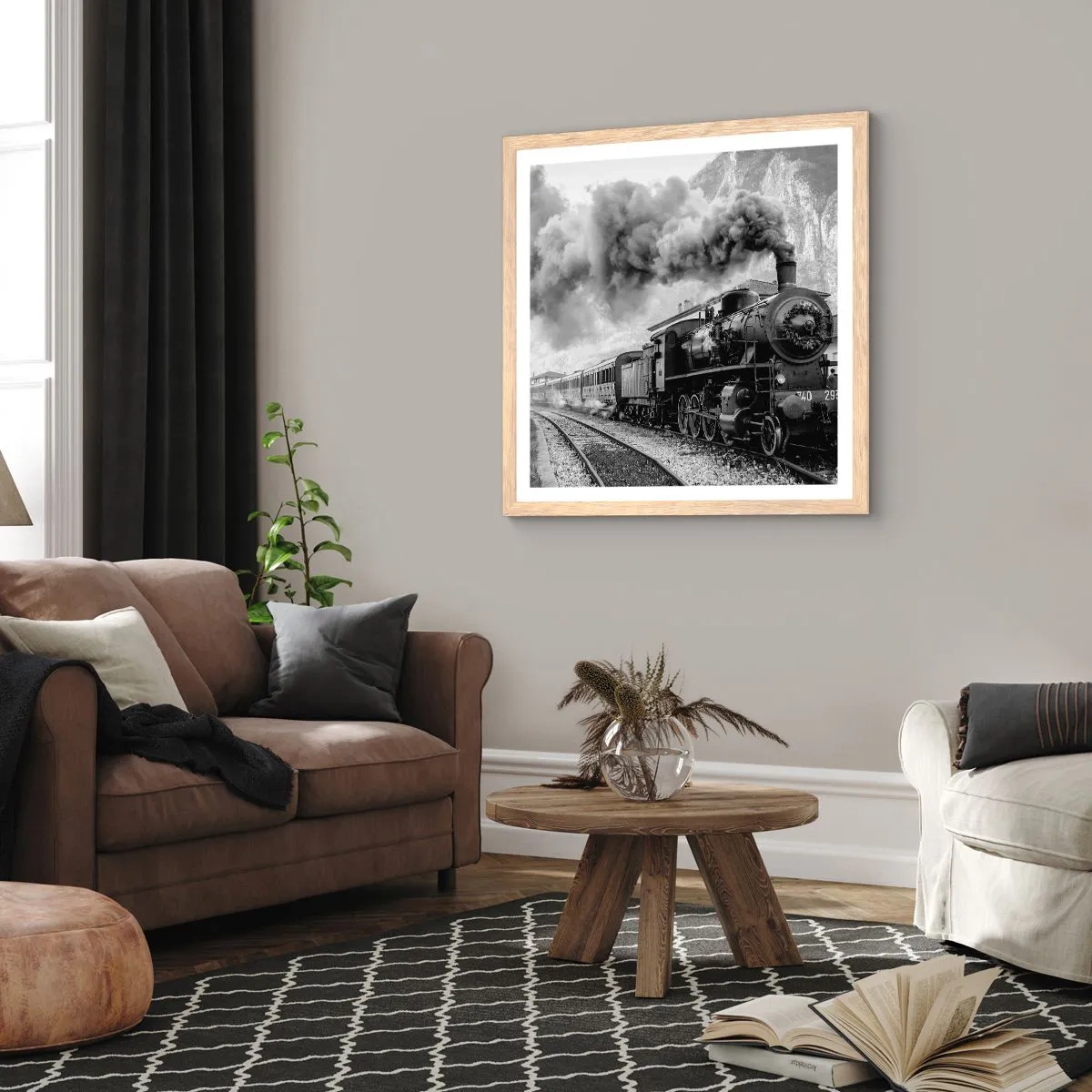 Plakat i ramme af lyst egetræ - Står på stationen... - 50x50 cm