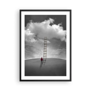 Plakat i sort ramme - En mand står ved en stige, der fører op til skyerne - 50x70cm - Alt er muligt - Moderne vægdekoration til stue og soveværelse ARTTOR