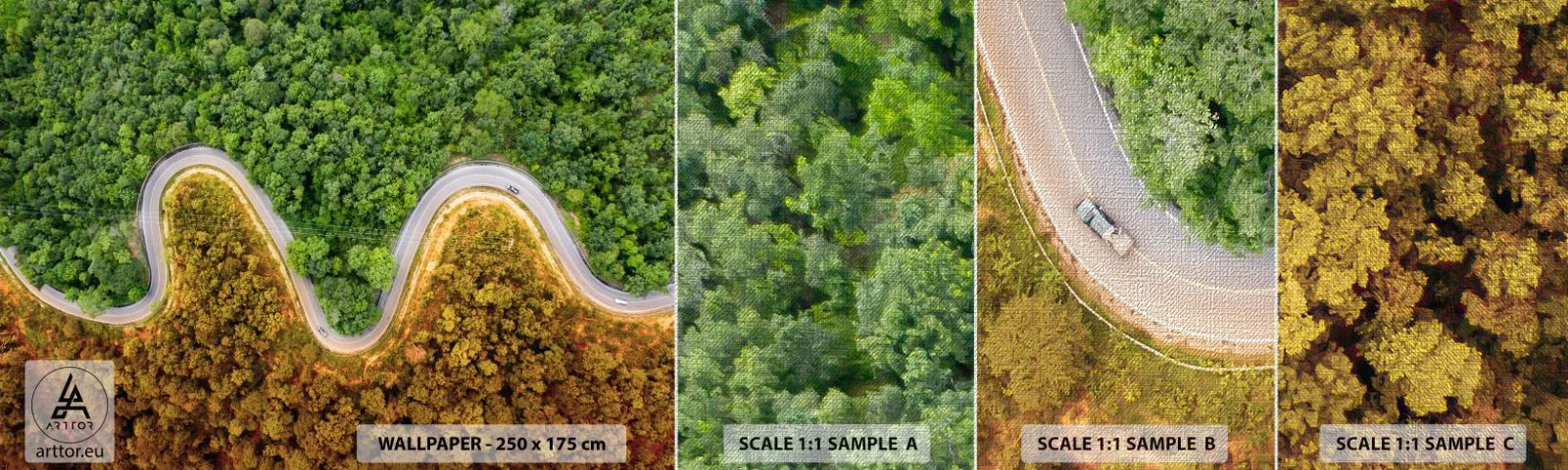 Prøve Fototapet Premium Canvas - Grænser og gennembrud - Landskab, Bilvej, Skov - 100x30 cm