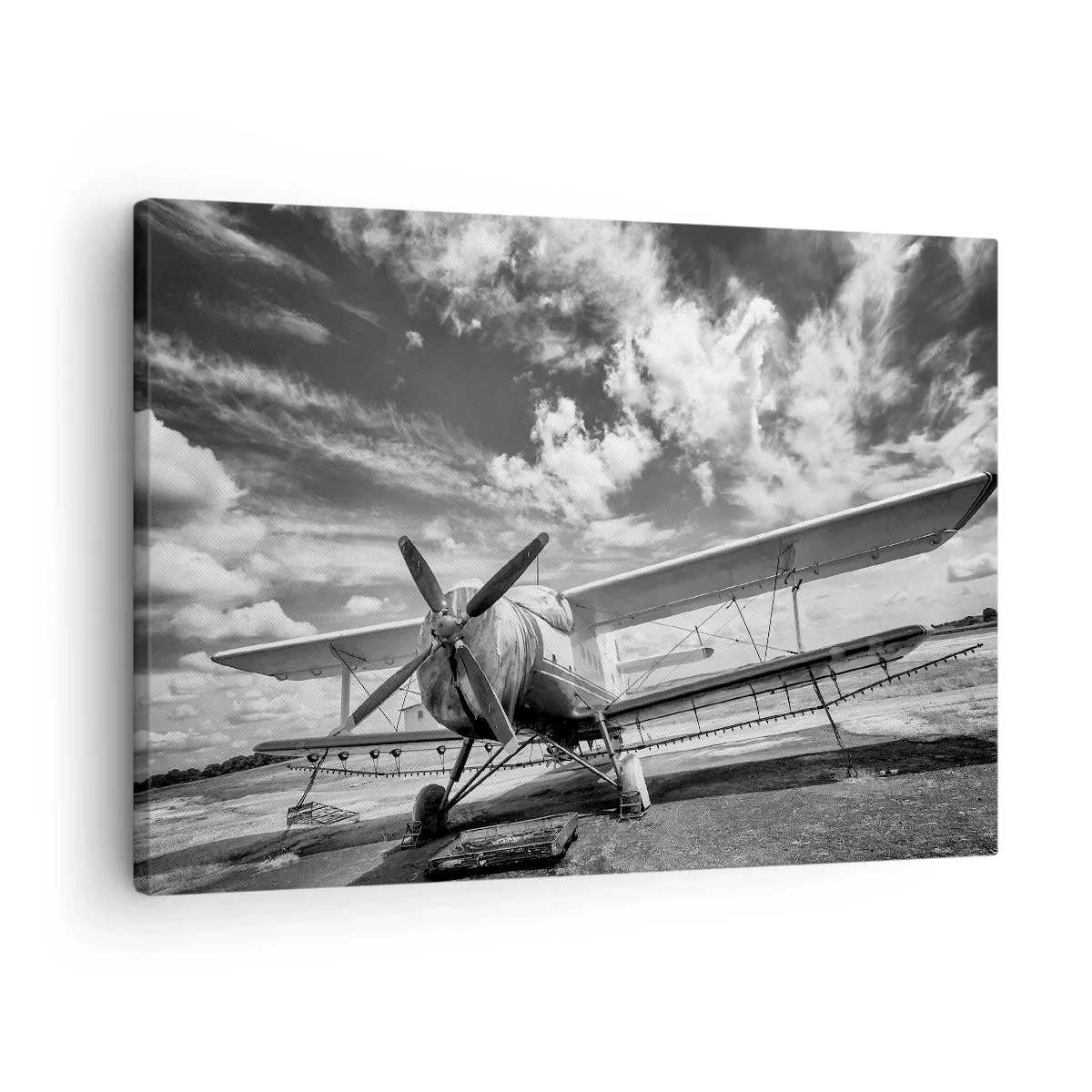 Lærredstryk - Billede på lærred - Et gammelt fly i lufthavnen i sort-hvid - 70x50cm - Jeg kan ikke vente! - Moderne vægdekoration til stue og soveværelse ARTTOR