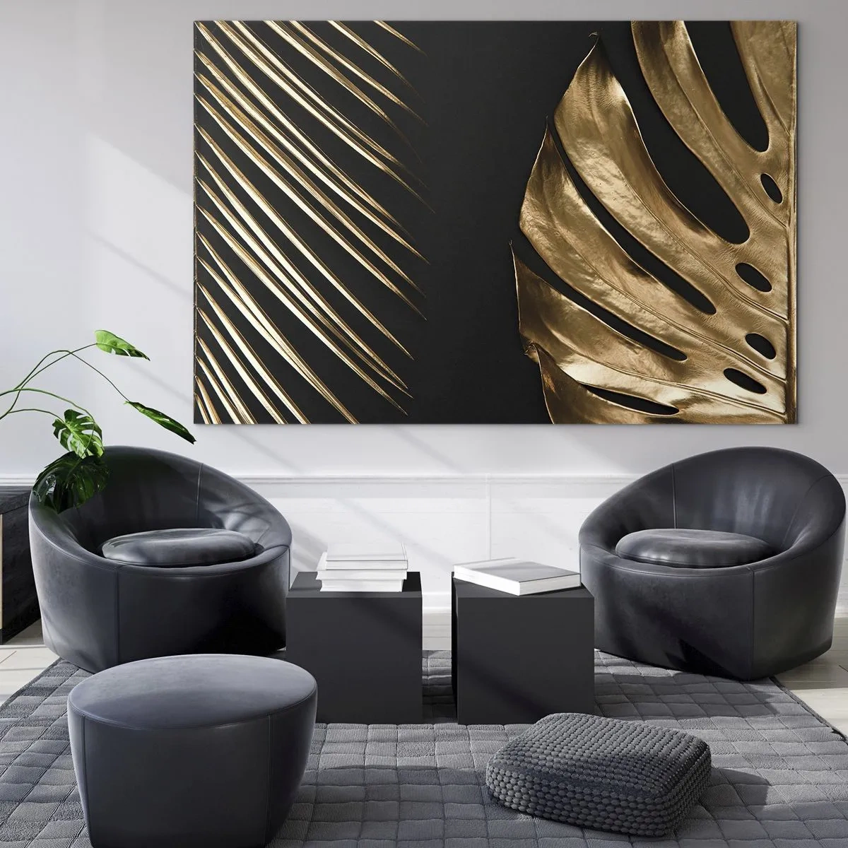 Billede på glas - Gyldne palmeblade og monsterablade på sort baggrund - 70x50cm - Forskellige, og lige dyre - Moderne vægdekoration til stue og soveværelse ARTTOR