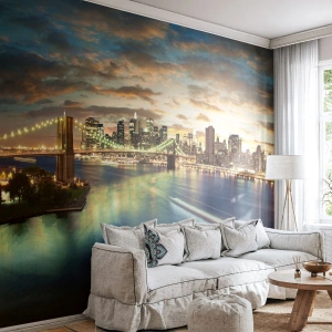 Fototapet Selvklæbende Deluxe Sticker - En oplyst aften over Manhattan - By, Bro, New York - 150x105 cm