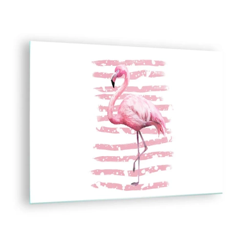 Billede på glas - En lyserød flamingo mod en baggrund af kunstneriske lyserøde striber. - 70x50cm - Med værdighed, om end i pink - Moderne vægdekoration til stue og soveværelse ARTTOR