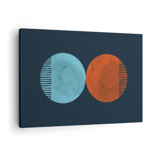Lærredstryk - Billede på lærred - Minimalistisk design med to hjul i blå og orange - 70x50cm - Kun geometri? - Moderne vægdekoration til stue og soveværelse ARTTOR