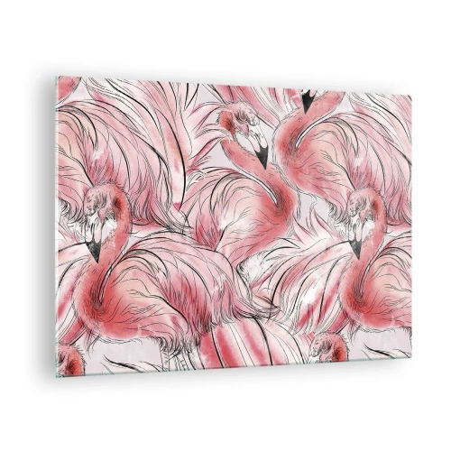 Billede på glas - Lyserøde flamingoer i dekorativ tegneseriestil - 70x50cm - Fugle corps de ballet - Moderne vægdekoration til stue og soveværelse ARTTOR
