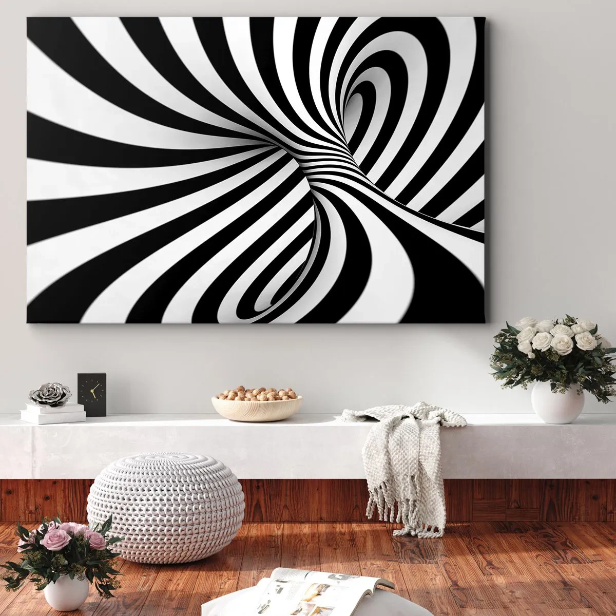 Lærredstryk - Billede på lærred - Abstrakt tunnel med sorte og hvide spiralstriber - 70x50cm - Sammensætning: dansende rum - Moderne vægdekoration til stue og soveværelse ARTTOR
