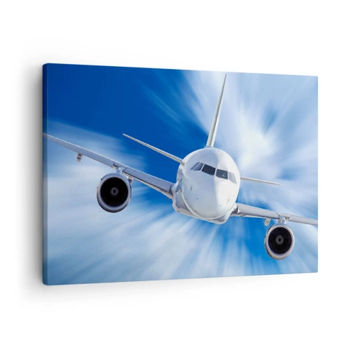 Lærredstryk - Billede på lærred - Et passagerfly i bevægelse mod himlen - 70x50cm - Hurtigere end vinden på himlen - Moderne vægdekoration til stue og soveværelse ARTTOR