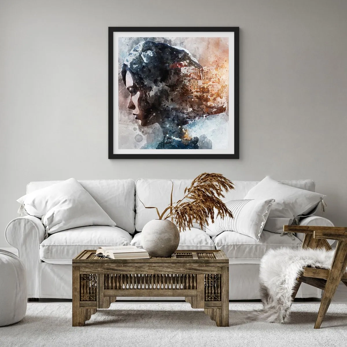 Plakat i sort ramme - Historien om en pige med en by i baggrunden - 60x60 cm