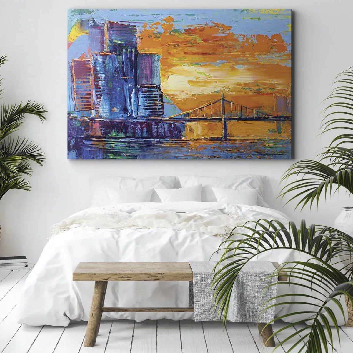 Lærredstryk - Billede på lærred - En farverig by med en bro i den nedgående sol - 70x50cm - Kultur og natur - Moderne vægdekoration til stue og soveværelse ARTTOR