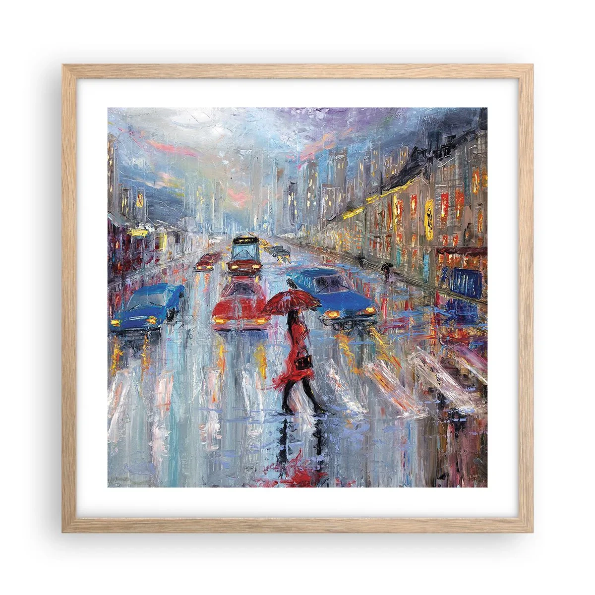 Plakat i ramme af lyst egetræ - Regnfuld eftermiddag i byen - 50x50 cm