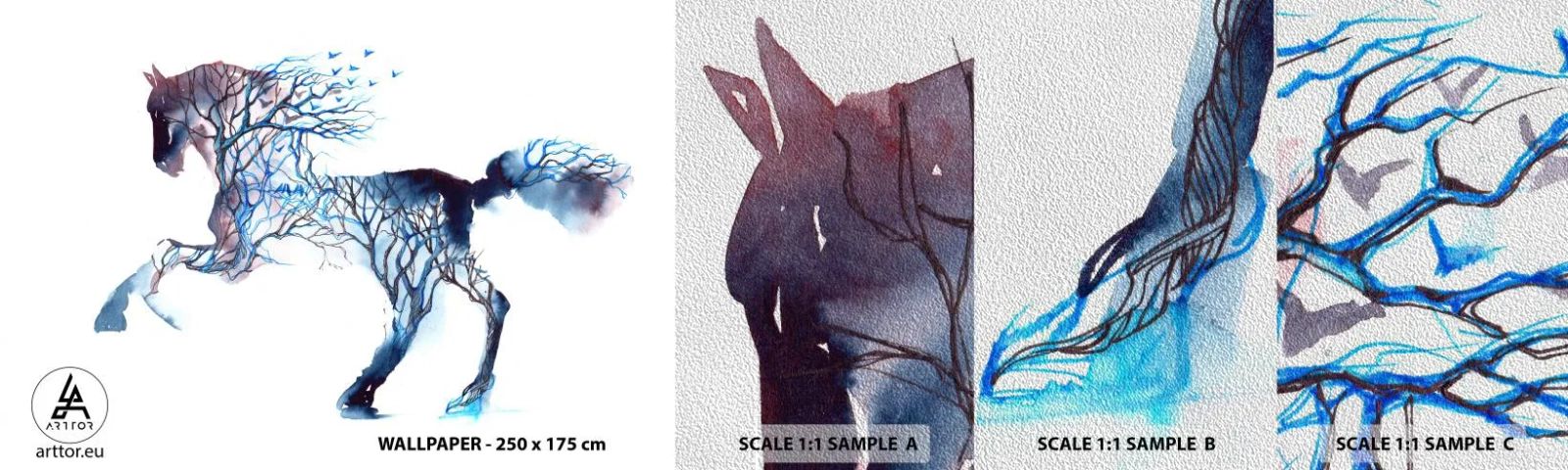 Prøve Fototapet Premium Sand - Og som om skoven havde flyttet sig - Abstraktion, Hest, Dyr - 100x30 cm