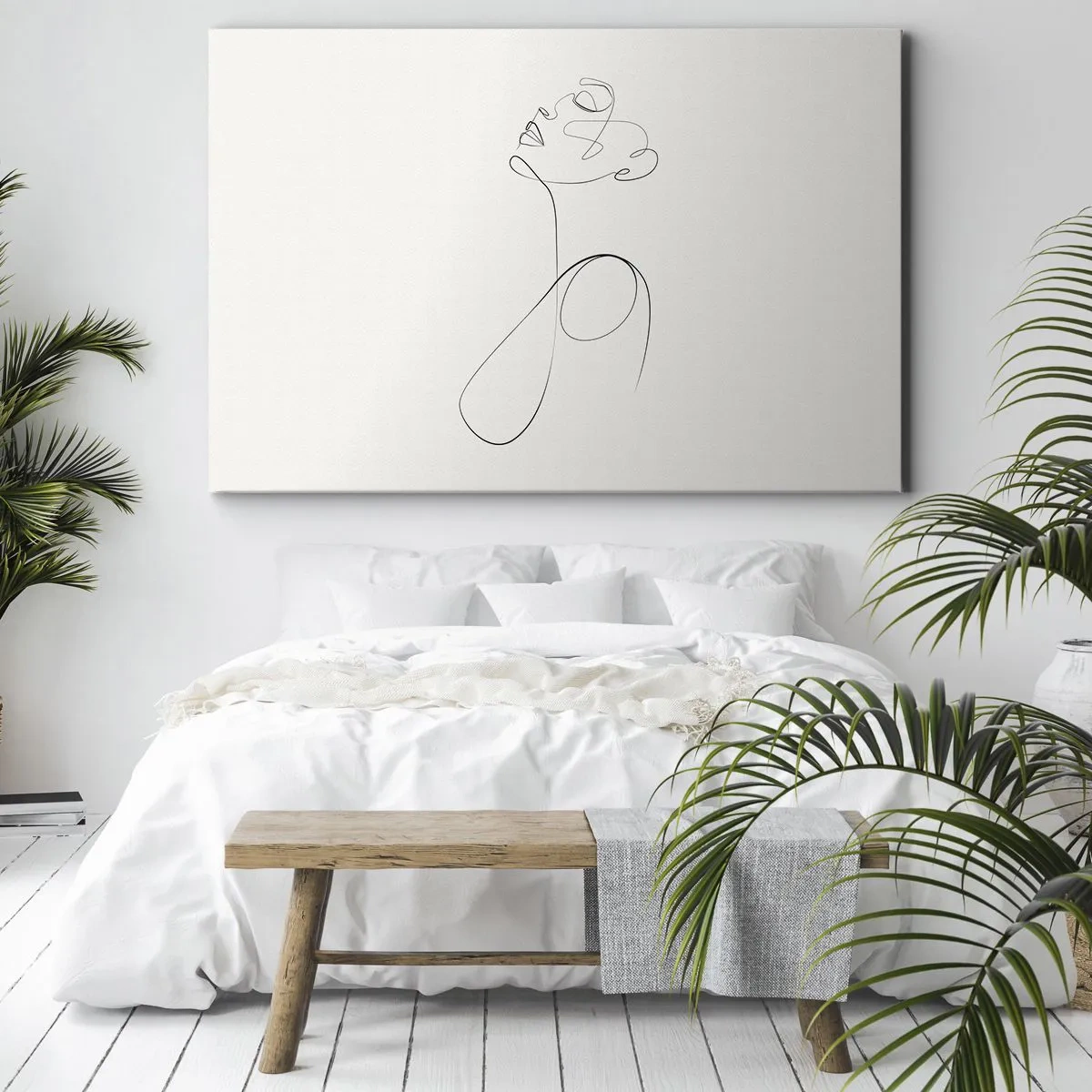 Lærredstryk - Billede på lærred - Minimalistisk stregtegning af ansigt på hvid baggrund - 70x50cm - Sløjfet i drømme - Moderne vægdekoration til stue og soveværelse ARTTOR