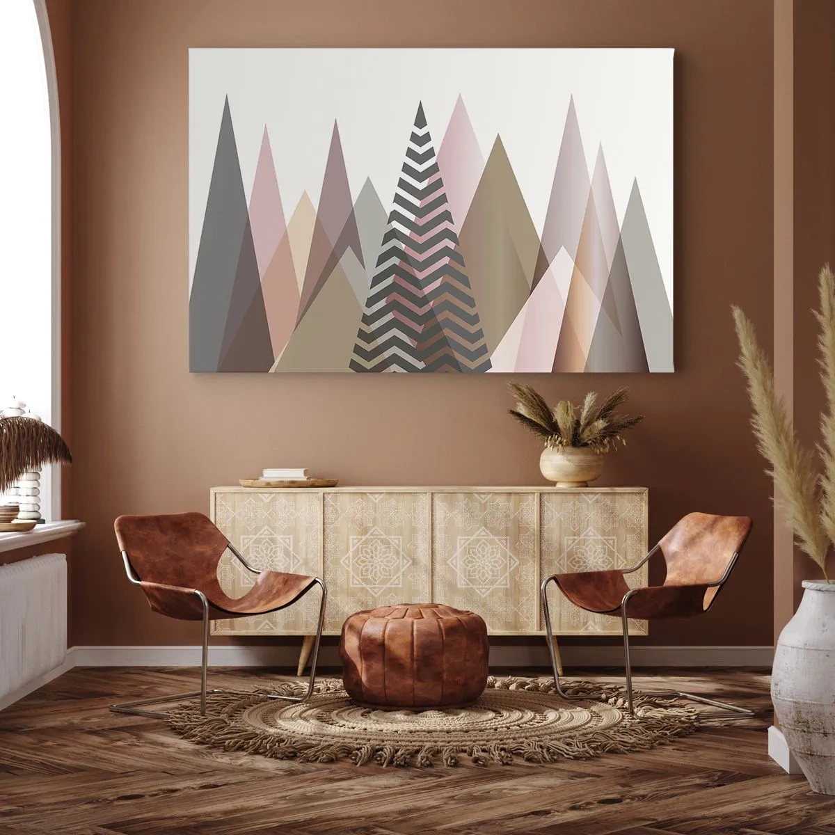 Lærredstryk - Billede på lærred - Farverige geometriske bjerge i pastelfarver - 70x50cm - Pyramide udsigt - Moderne vægdekoration til stue og soveværelse ARTTOR