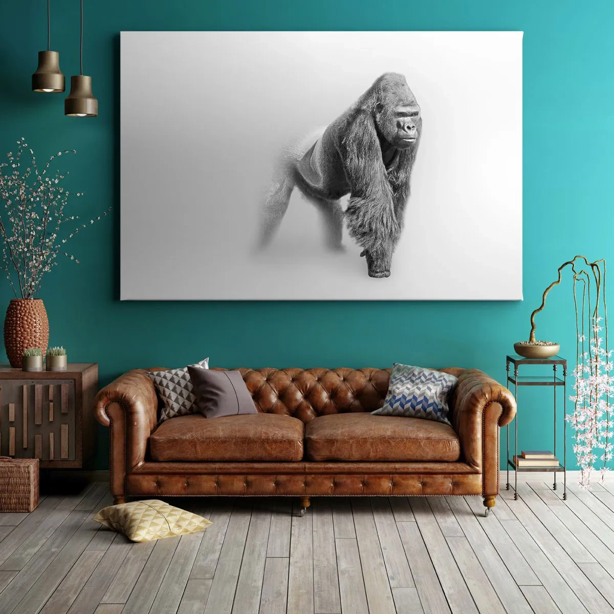 Lærredstryk - Billede på lærred - Gorilla i monokrome toner på en hvid baggrund - 70x50cm - Selvsikker på sin styrke - Moderne vægdekoration til stue og soveværelse ARTTOR