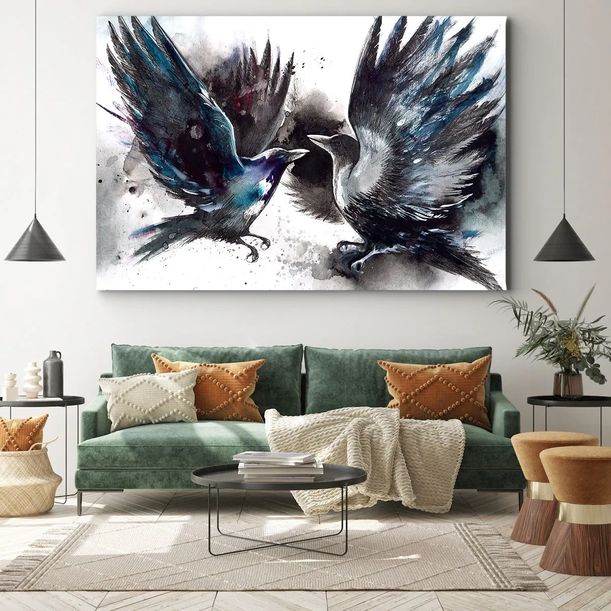 Lærredstryk - Billede på lærred - Kunstneriske ravne i en dynamisk akvarelkomposition - 70x50cm - En ravn til en ravn... - Moderne vægdekoration til stue og soveværelse ARTTOR