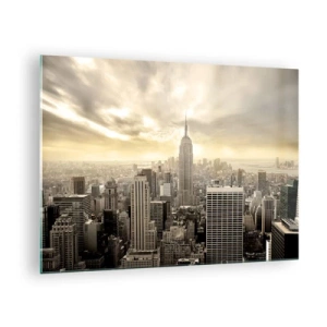 Billede på glas - Bypanorama med skyskrabere og Empire State Building - 70x50cm - New York vævet af grå - Moderne vægdekoration til stue og soveværelse ARTTOR