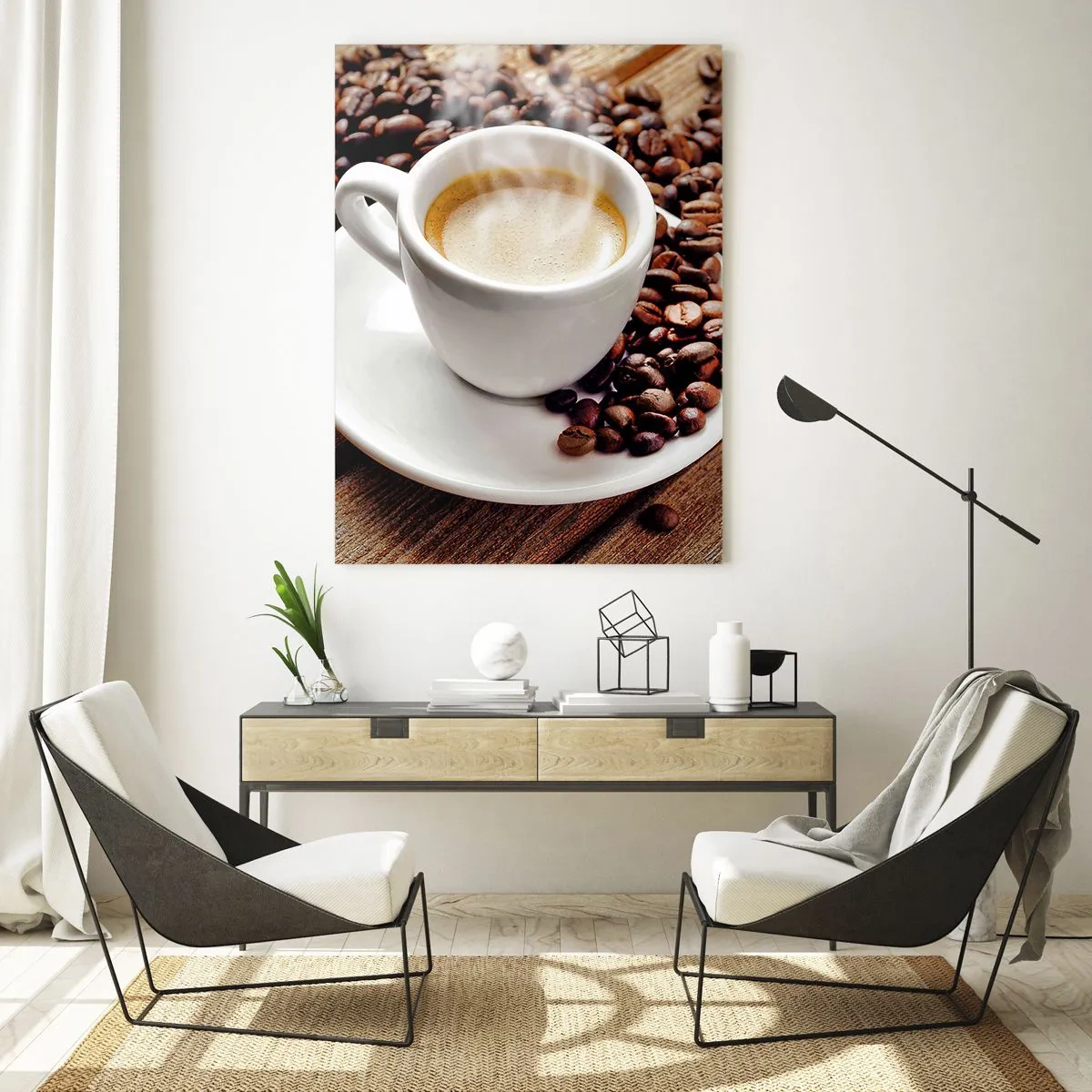 Billede på glas - Kaffe på bænken - 50x70 cm